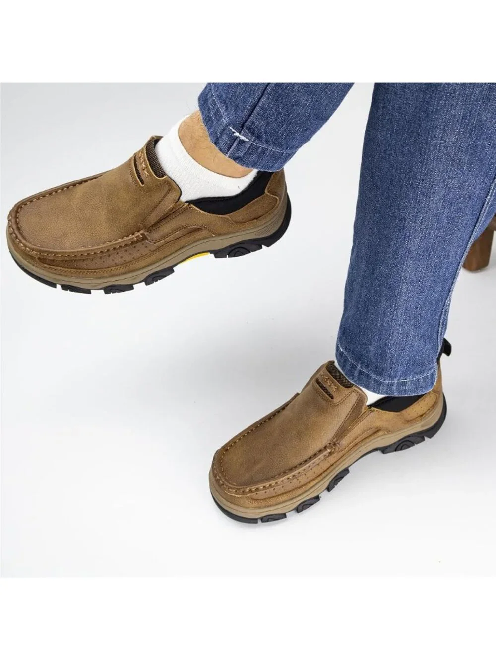 UPIShi Men's Khaki Leather Slip On Loafers Lightweight Cushioning Walking Shoes